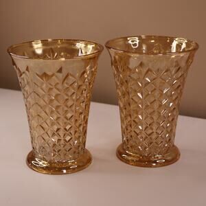 Vintage Depression Glass Pink/Orange Iridescent Diamond pattern Vases